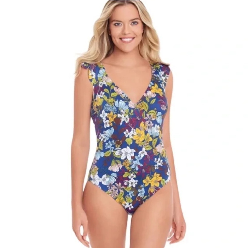 Beach Betty Miracle Brands Blue Floral Ruffle Strap Tie One Piece Swimsuit XL